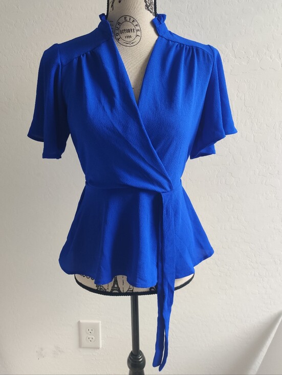 Monteau Tops - 🆕 Monteau Royal Blue High Collar Flutter Sleeves Wrap Style Peplum Top_Small